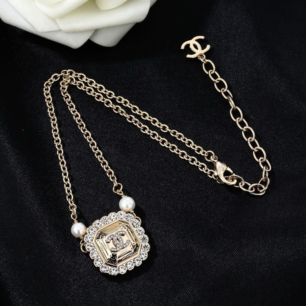 Chanel Necklace Metal, Crystal, Pearl Chanel Logo Pendant Necklace Pendant Necklace Chain with