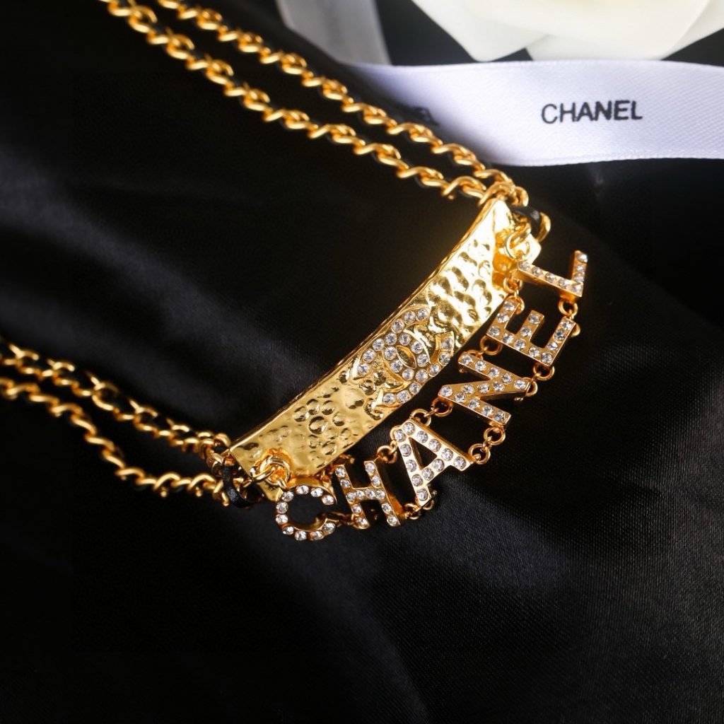 Chanel Necklace Gold-tone metal, Rhinestones Love Logo Pendant Chain Necklace Chain with pendant