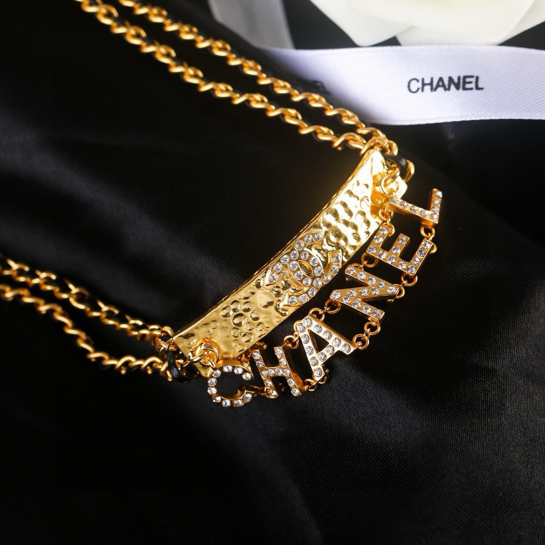 Chanel Necklace Gold-tone metal, Rhinestones Love Logo Pendant Chain Necklace Chain with pendant