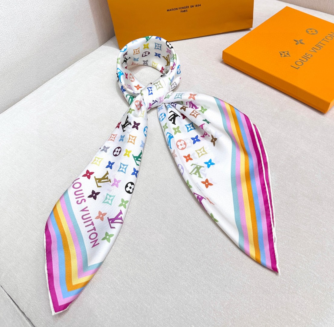 Louis Vuitton LV经典图案方形丝巾 彩虹色条纹镶边 颈部或腰部系带配饰