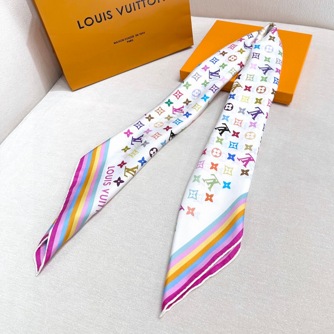 Louis Vuitton LV经典图案方形丝巾 彩虹色条纹镶边 颈部或腰部系带配饰