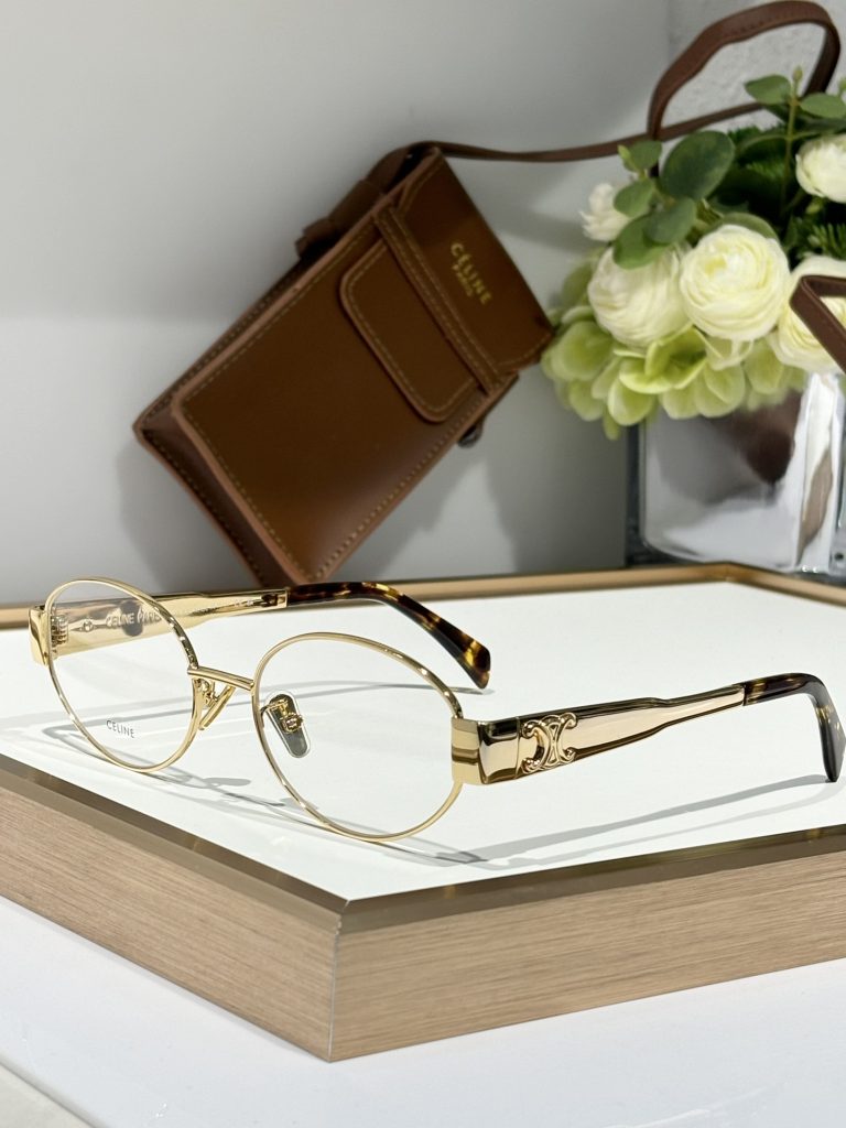 Celine Sunglasses Metal, Acetate Oval metal frame with tortoiseshell temple tips and C-logo hinge