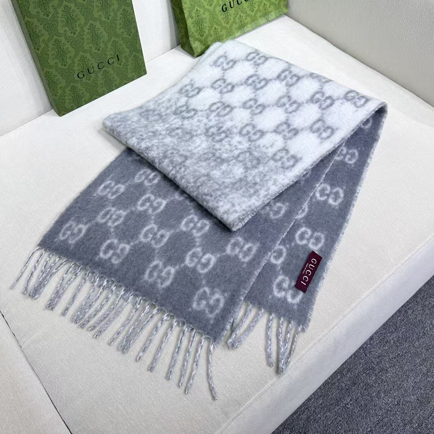 Gucci GG Monogram Scarf Alpaca Wool Blend Fringed Edge 200CM x 37CM