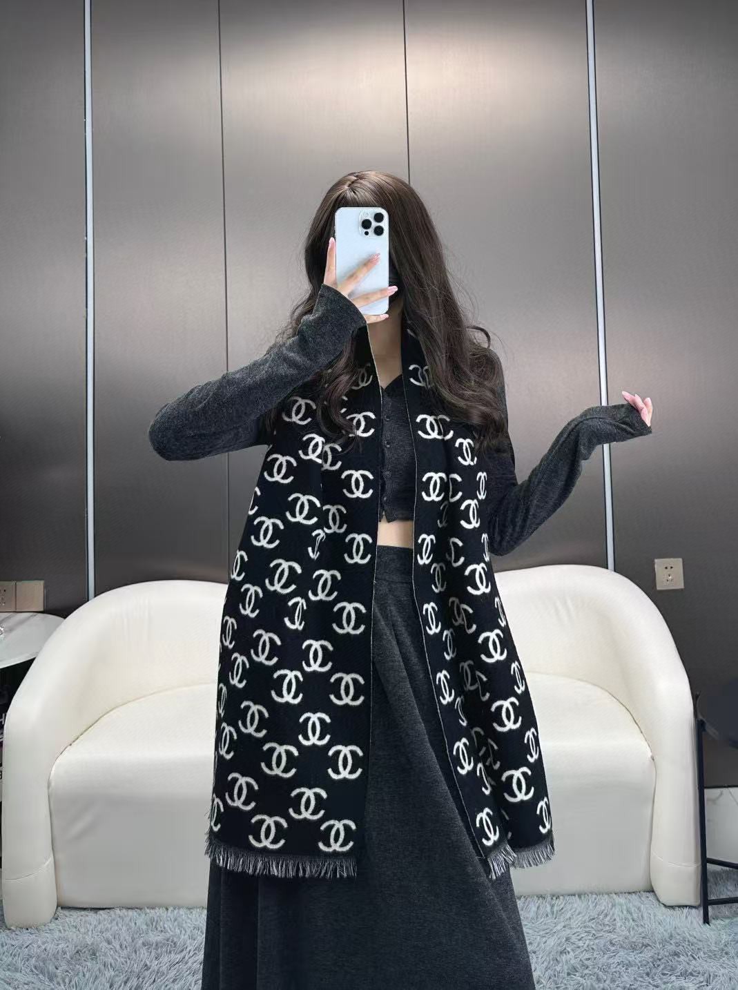 Chanel Classic Logo Reversible Scarf Wool Cashmere Blend Fringed Edge 180CM x 35CM
