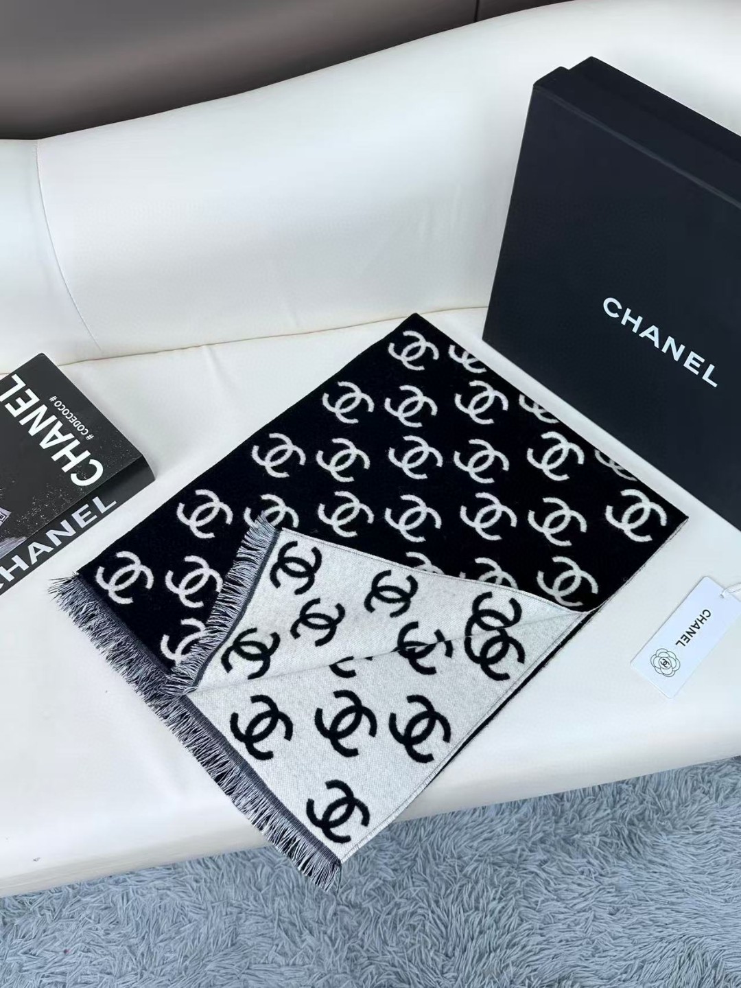 Chanel Classic Logo Reversible Scarf Wool Cashmere Blend Fringed Edge 180CM x 35CM