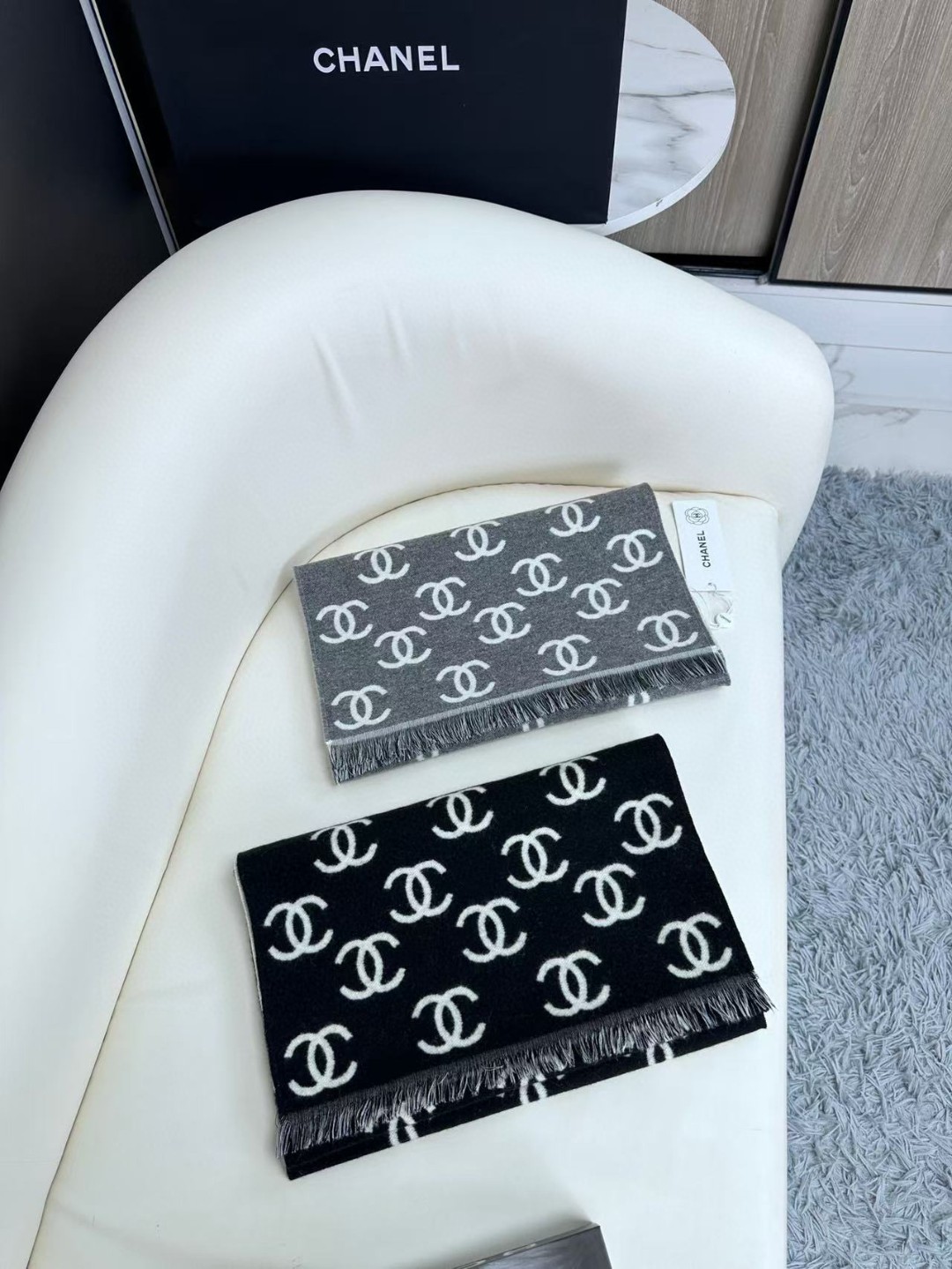 Chanel Classic Logo Reversible Scarf Wool Cashmere Blend Fringed Edge 180CM x 35CM