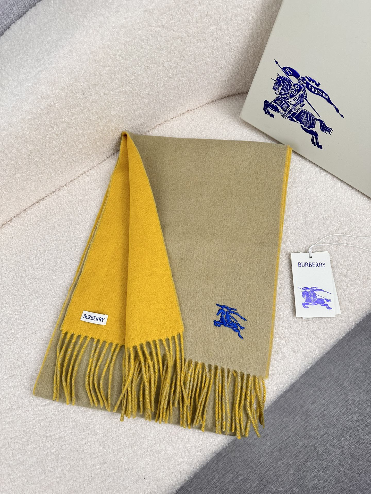Burberry Equestrian Knight Reversible Cashmere Scarf Embroidered Logo Fringed Edge 30CM x 180CM