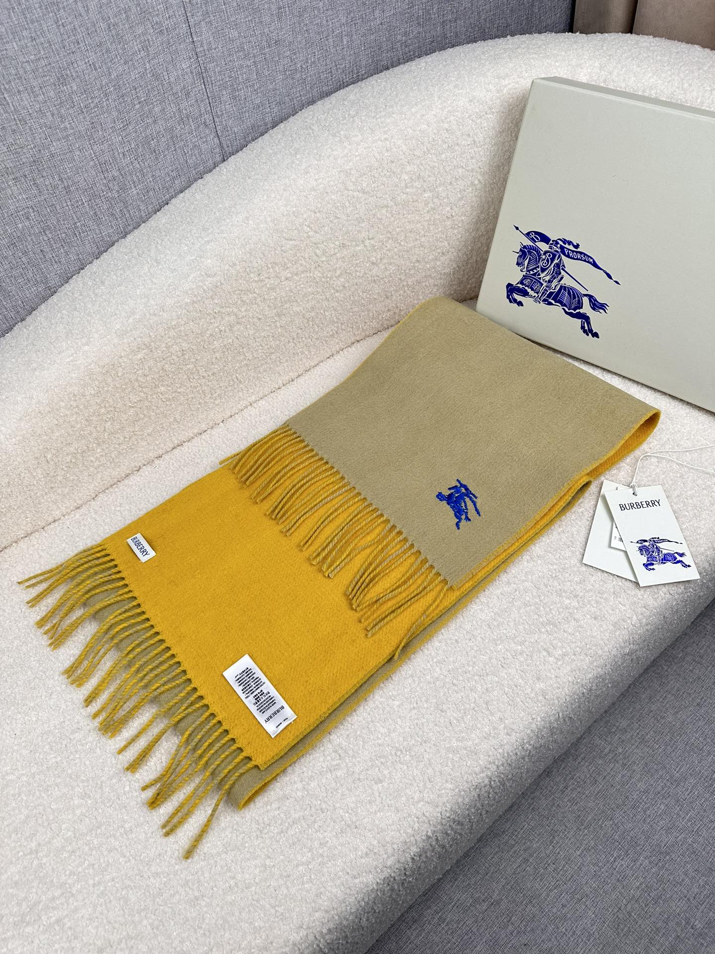 Burberry Equestrian Knight Reversible Cashmere Scarf Embroidered Logo Fringed Edge 30CM x 180CM