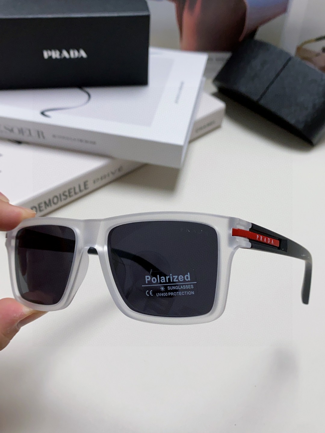 Prada Classic Logo Square Acetate Sunglasses Polarized Lenses Red Temple Logo