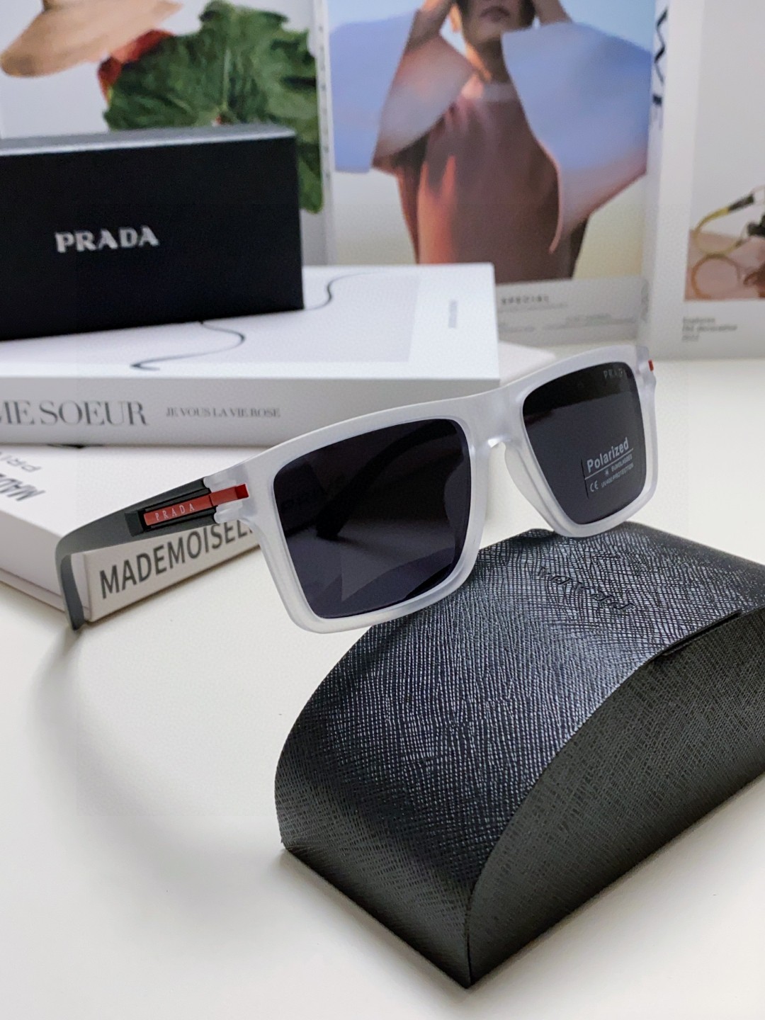 Prada Classic Logo Square Acetate Sunglasses Polarized Lenses Red Temple Logo