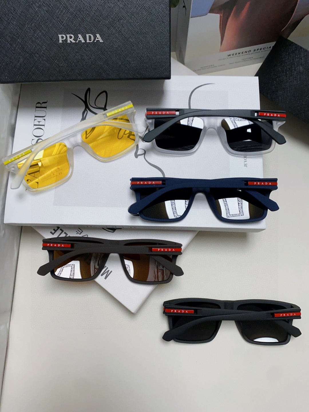 Prada Classic Logo Square Acetate Sunglasses Polarized Lenses Red Temple Logo