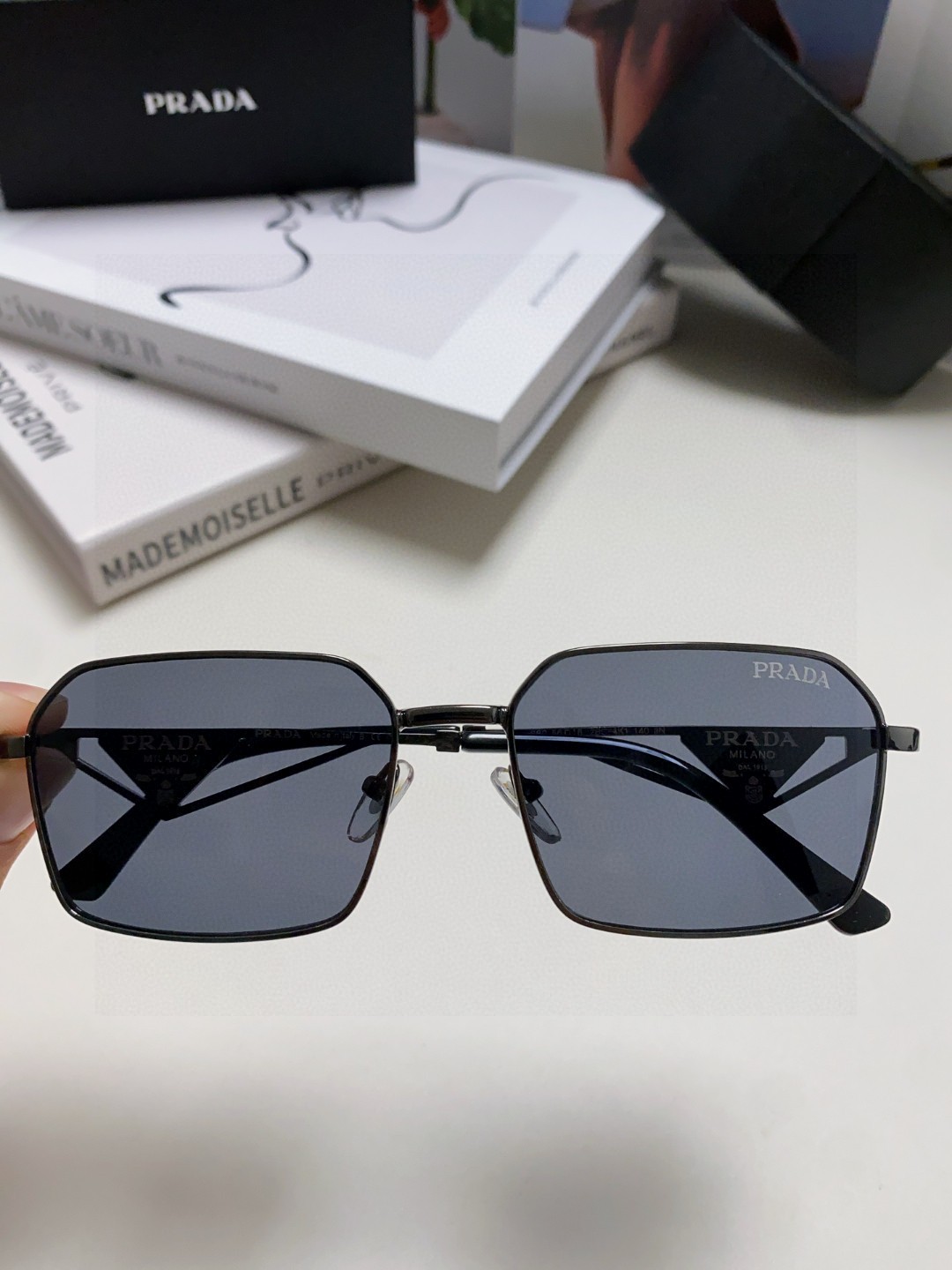 Prada Classic Collection Geometric Metal Sunglasses Double Bridge Triangular Temple Logo