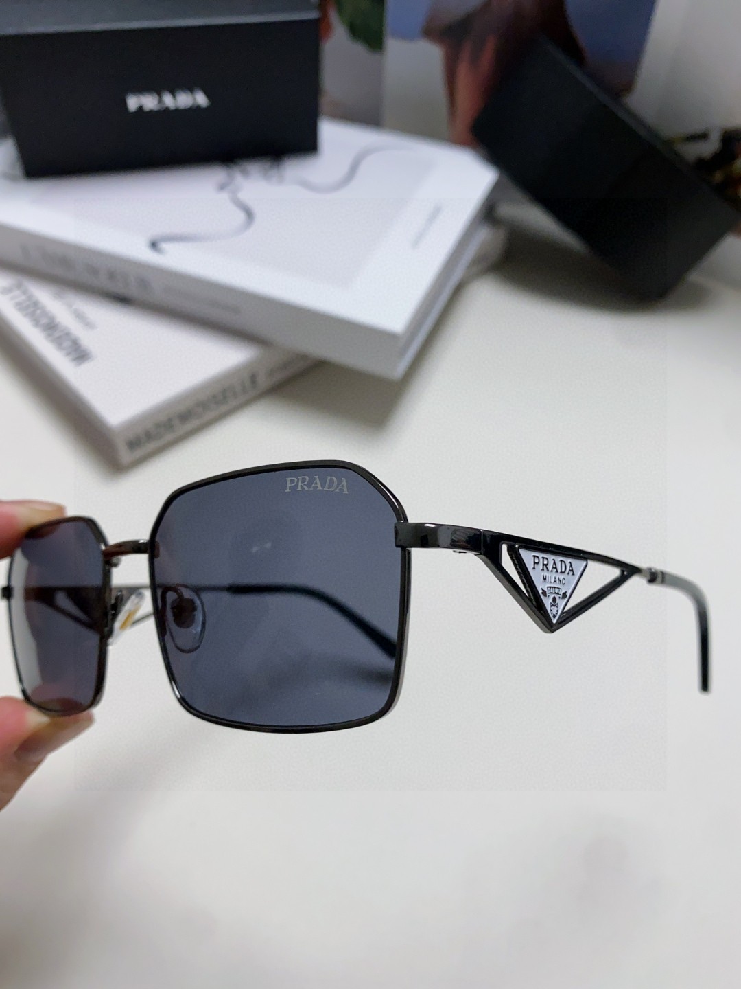 Prada Classic Collection Geometric Metal Sunglasses Double Bridge Triangular Temple Logo