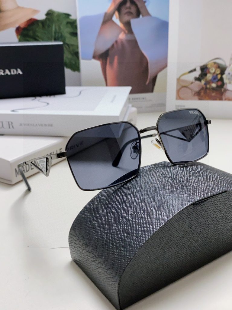 Prada Classic Collection Geometric Metal Sunglasses Double Bridge Triangular Temple Logo