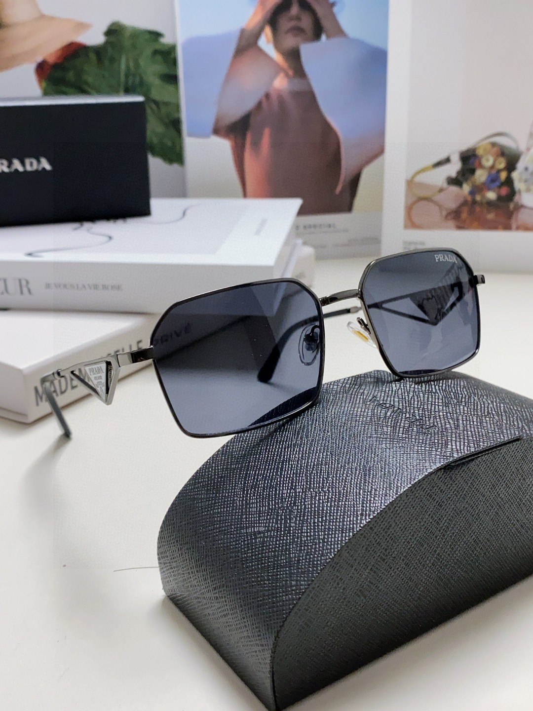 Prada Classic Collection Geometric Metal Sunglasses Double Bridge Triangular Temple Logo