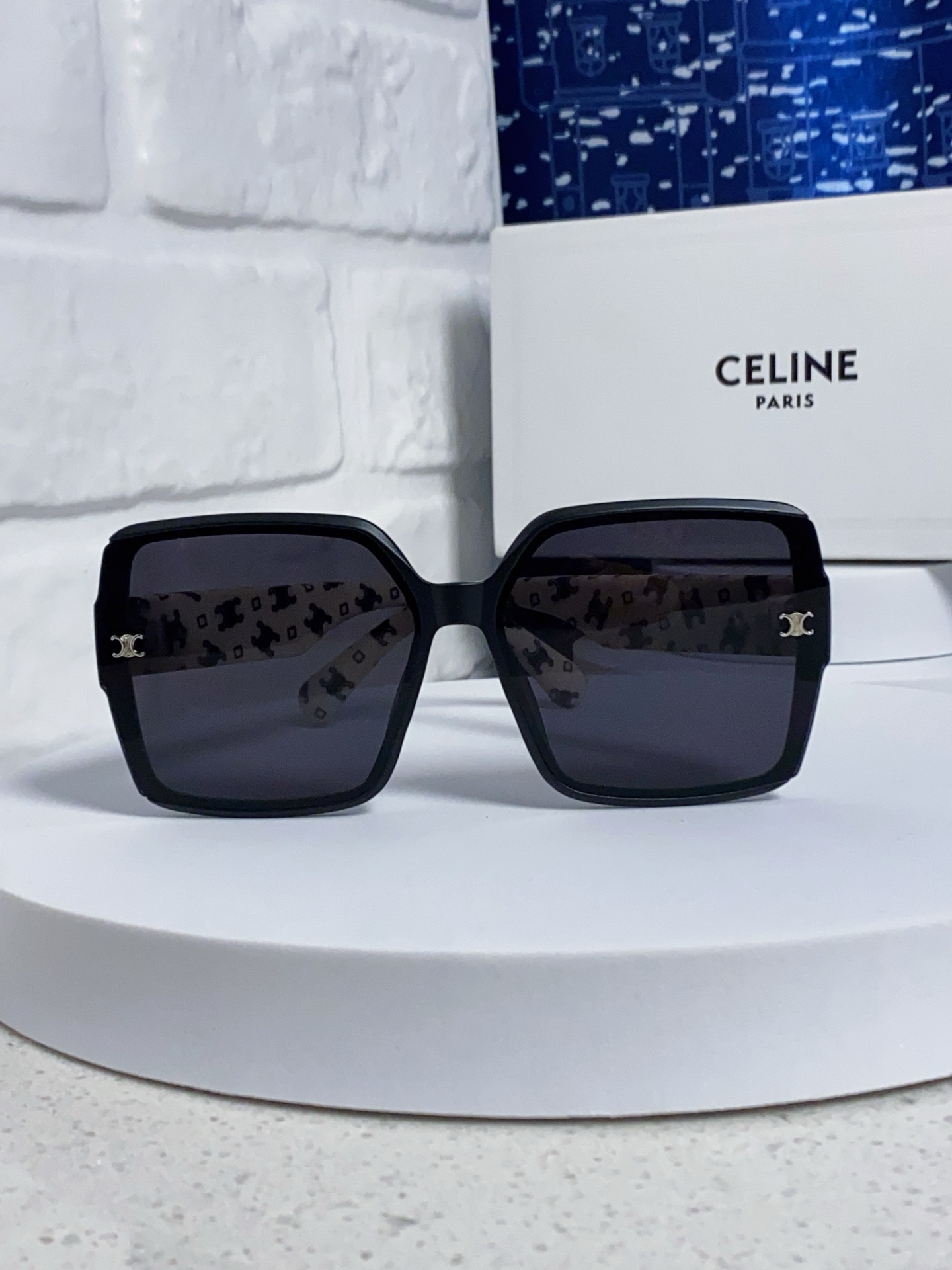 CELINE Triomphe Oversized Square Acetate Sunglasses Rhinestone Temple Logo