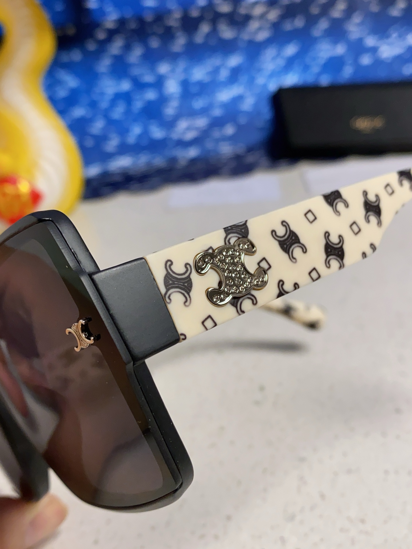 CELINE Triomphe Oversized Square Acetate Sunglasses Rhinestone Temple Logo