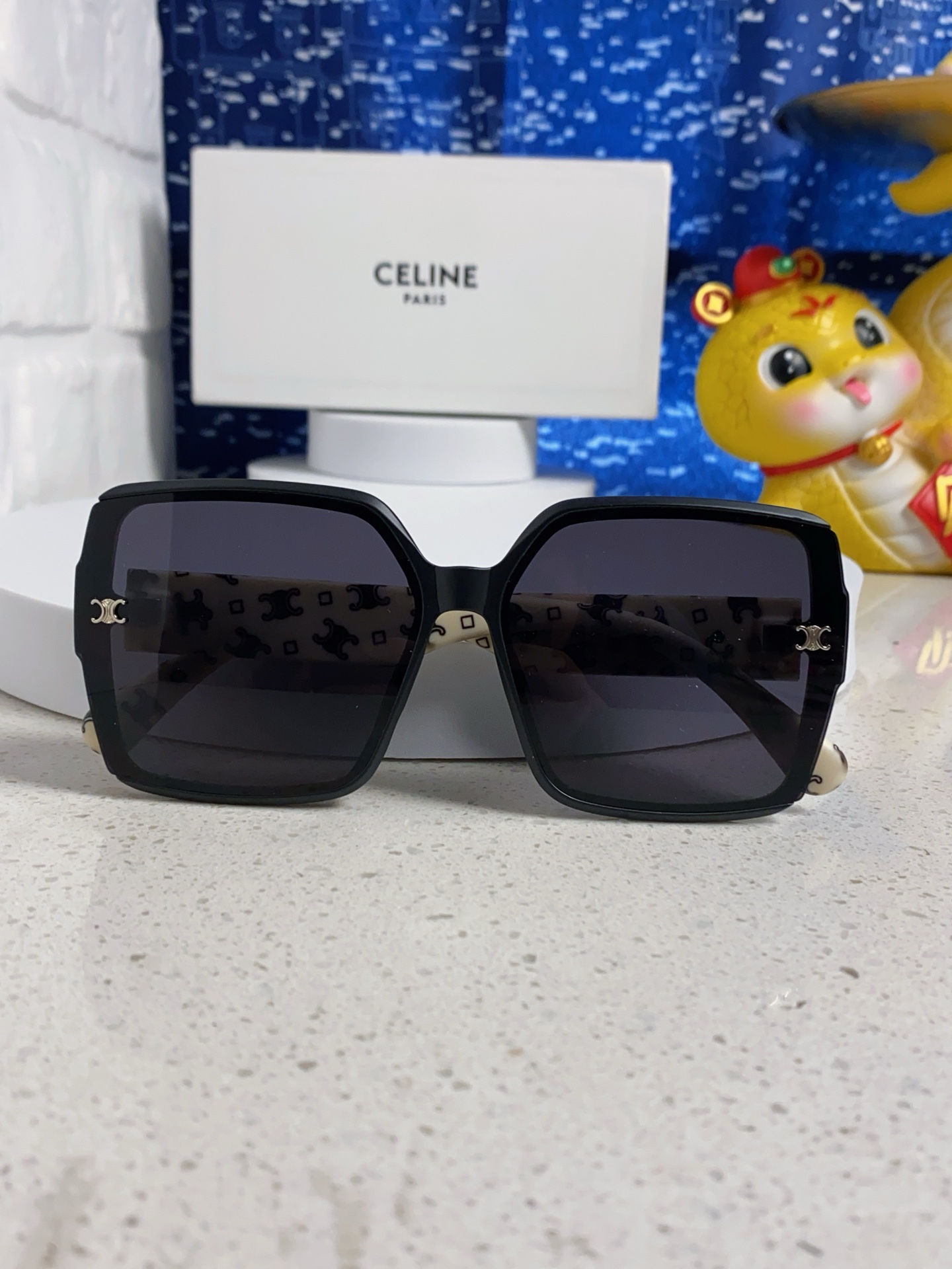 CELINE Triomphe Oversized Square Acetate Sunglasses Rhinestone Temple Logo
