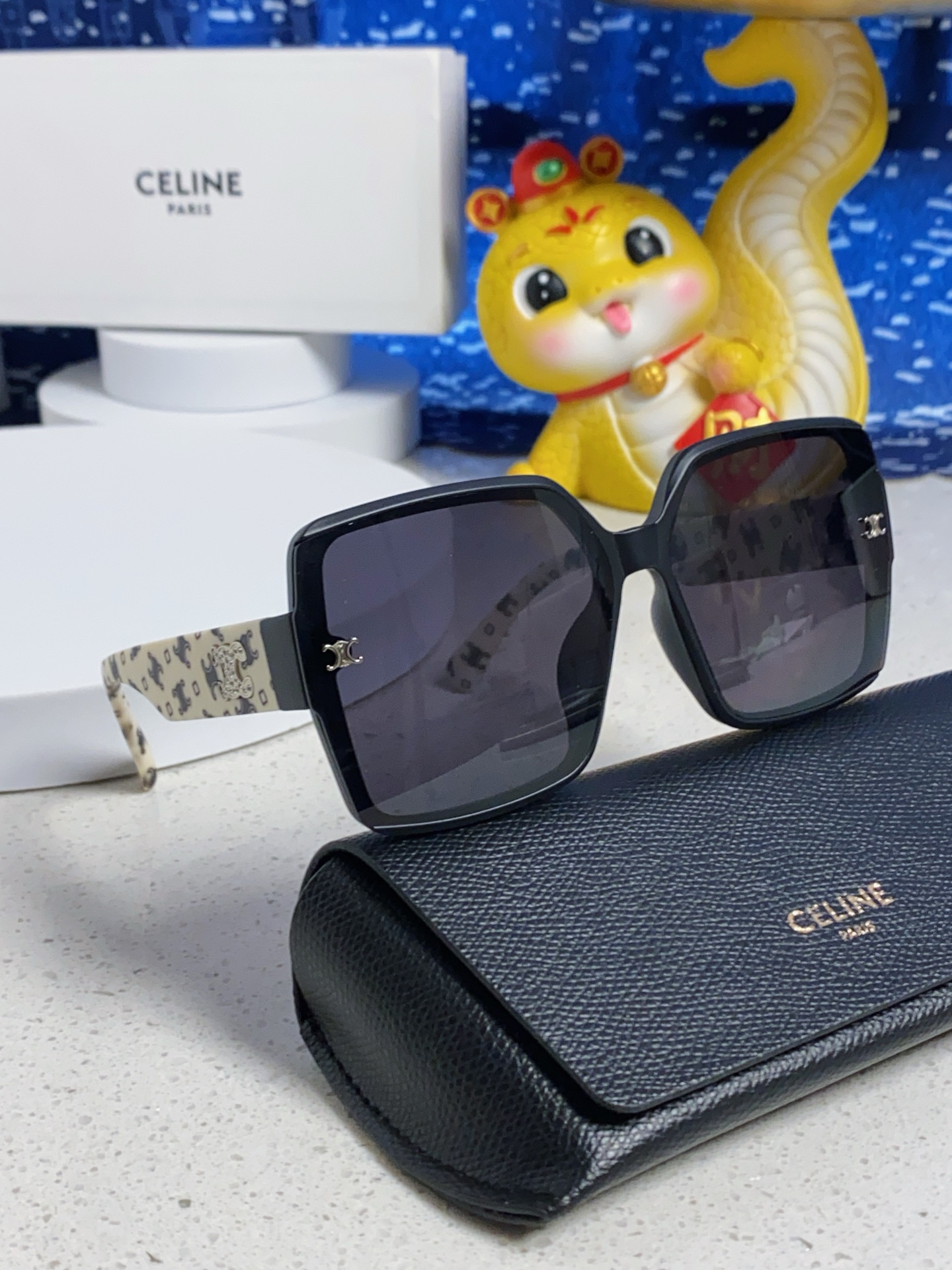 CELINE Triomphe Oversized Square Acetate Sunglasses Rhinestone Temple Logo