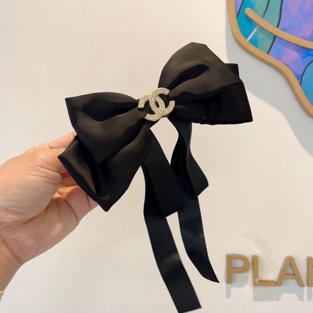 Chanel Satin Bow Hair Accessory Rhinestone CC Logo Metal Claw Clip