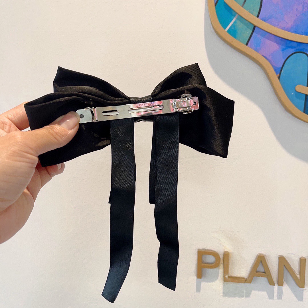 Chanel Satin Bow Hair Accessory Rhinestone CC Logo Metal Claw Clip