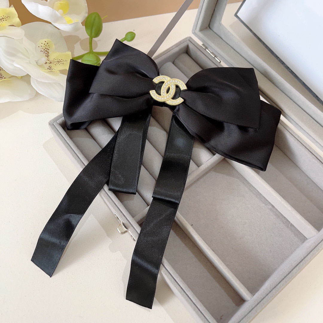 Chanel Satin Bow Hair Accessory Rhinestone CC Logo Metal Claw Clip