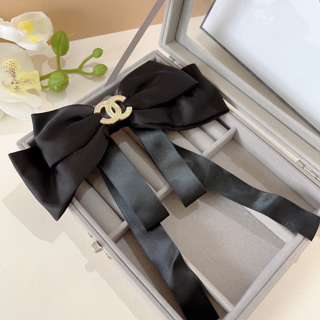 Chanel Satin Bow Hair Accessory Rhinestone CC Logo Metal Claw Clip