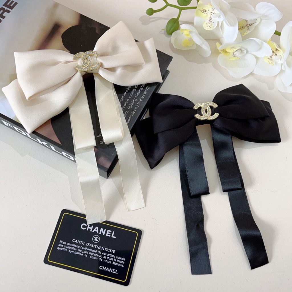 Chanel Satin Bow Hair Accessory Rhinestone CC Logo Metal Claw Clip
